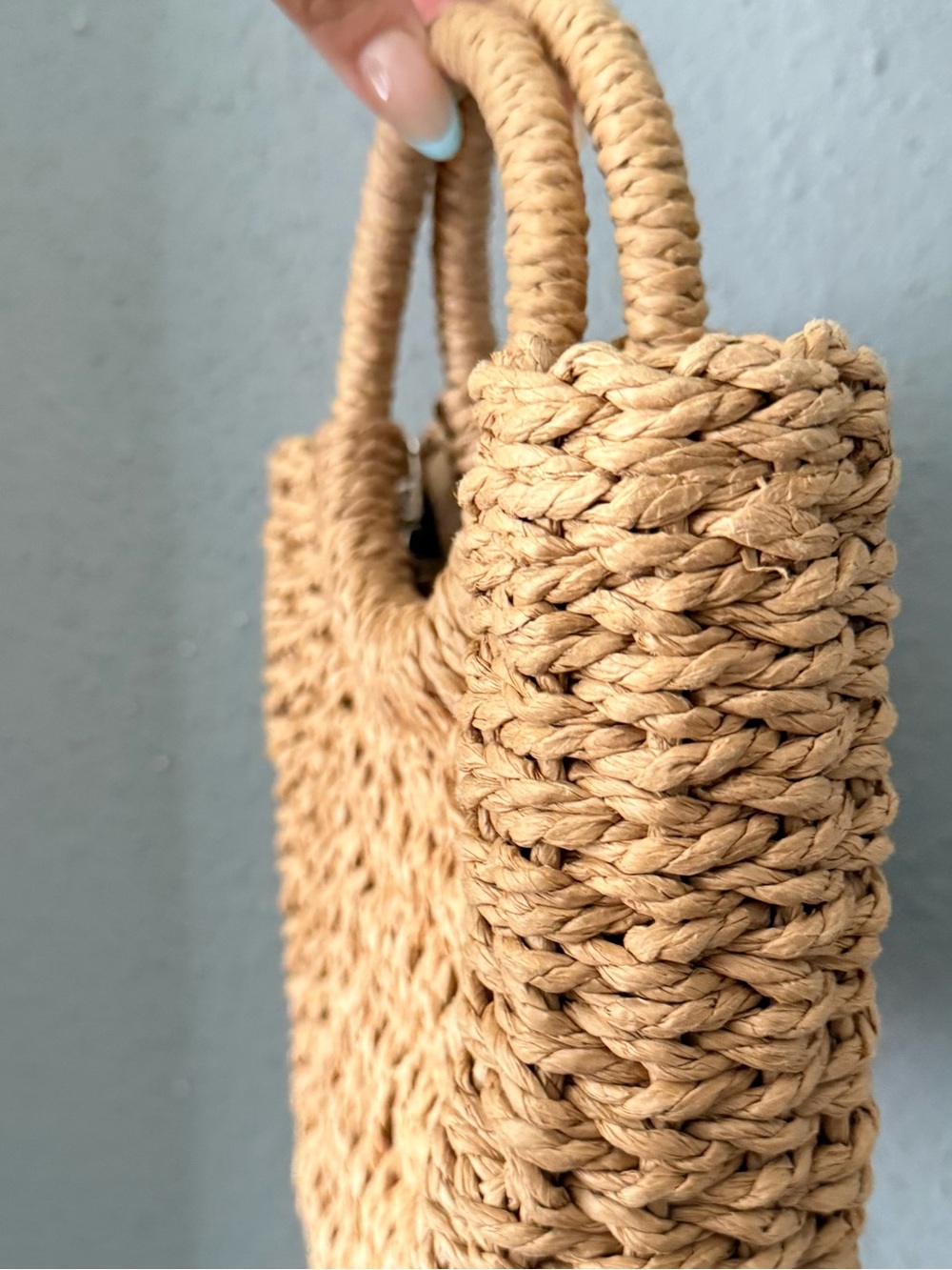 Woven Straw Round Handle Tote Bag in Natural - Picture 3 of 5